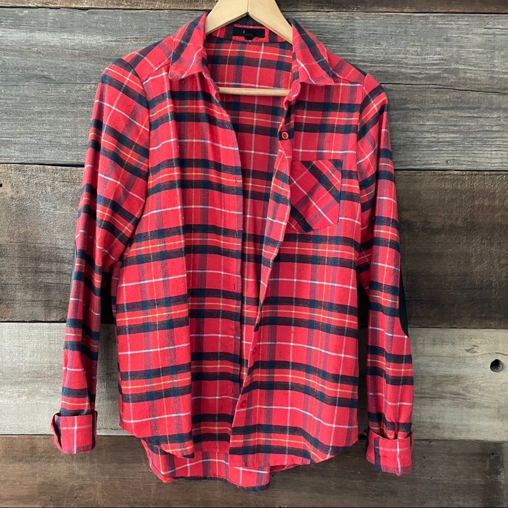 E M Red Blue Plaid Flannel Button-Up Shirt